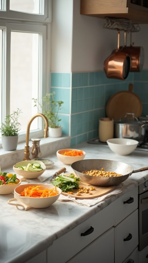 Professional food photography of julienned carrots, sliced cucumber, and bell pepper strips in cream-colored prep bowls in a modern kitchen, chickpeas sizzling in a pan