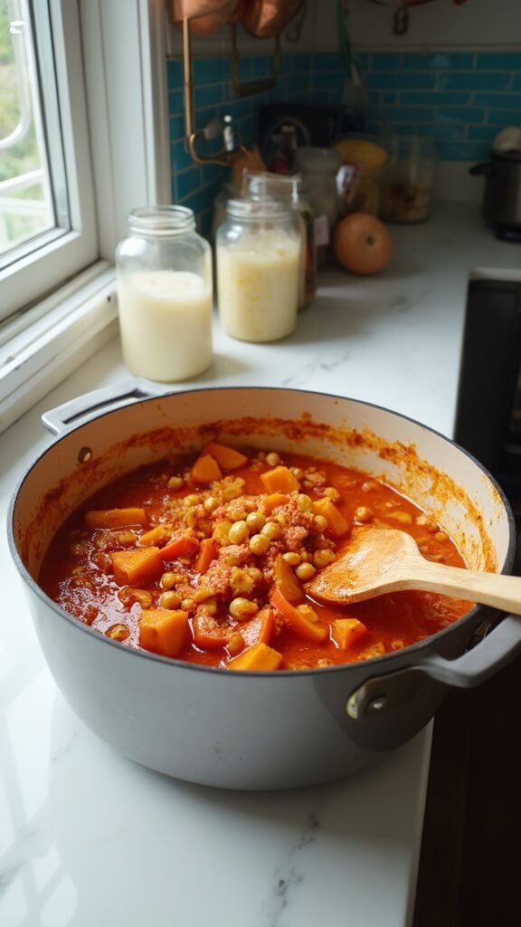 Vegetables being stirred into a vibrant curry base in a Dutch oven, on a modern kitchen countertop under natural daylight