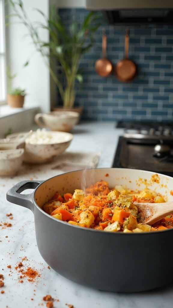 Vegetables and spices cooking in a modern kitchen with natural daylight