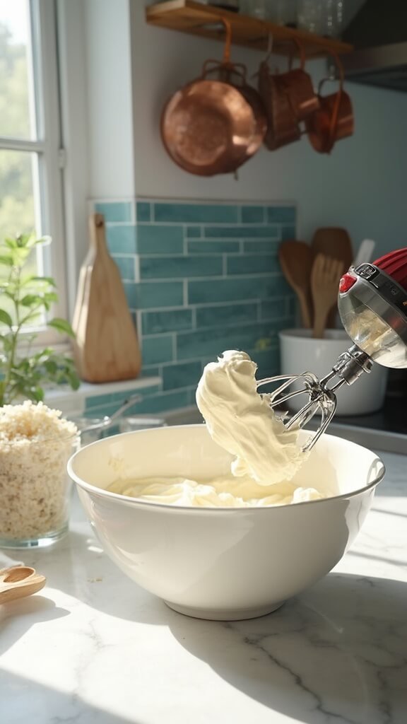 Whipped egg whites in a large bowl on a modern kitchen counter, with grated cheese, herbs, and seasonings, and a rubber spatula nearby.