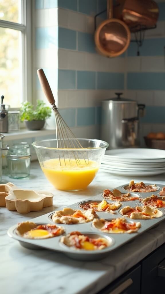 Whisked eggs with seasonings in a mixing bowl, greased muffin tin containing sausage and vegetables, in a modern kitchen with natural daylight shining through