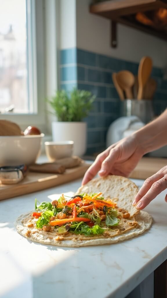 Hands assembling a wholemeal tortilla wrap with hummus and colorful vegetables on a marble countertop in a modern kitchen