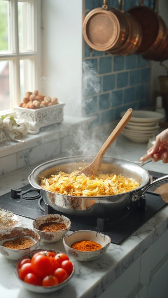 Sauteing onions, garlic, and ginger in a stainless steel Dutch oven on a modern kitchen stovetop, with spices in prep bowls and chopped tomatoes waiting nearby