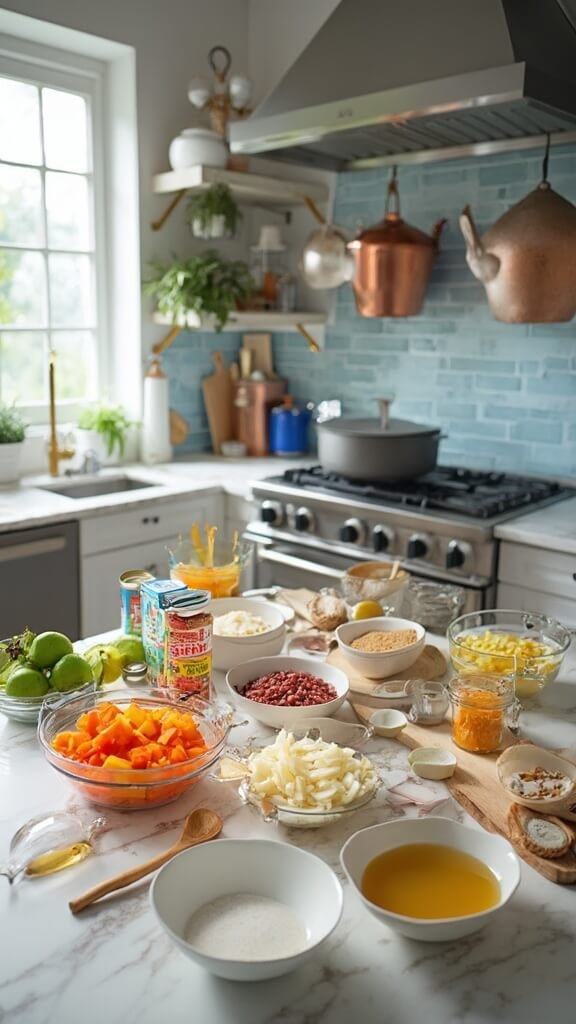 Modern kitchen setup with ingredients for a culinary recipe neatly arranged in prep bowls under natural daylight, featuring onions, bell peppers, minced garlic, raw chicken, spices, canned tomatoes, beans, chicken broth and lime.