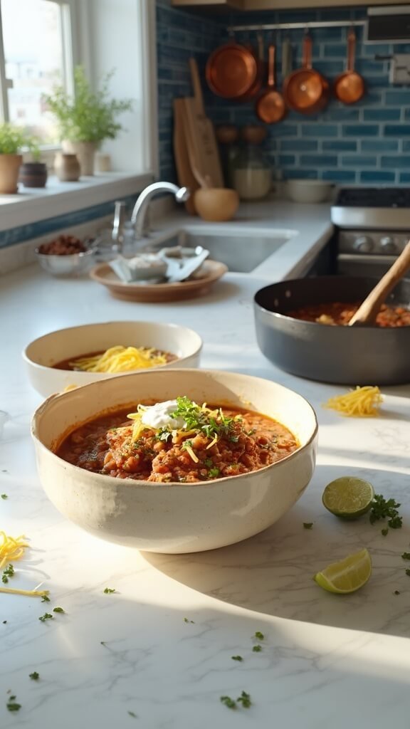 Chicken chili in cream-colored ceramic bowls garnished with cilantro, cheese, and sour cream in a modern kitchen