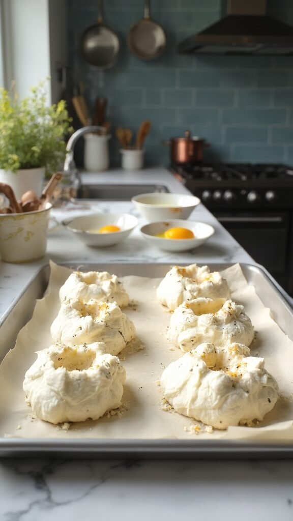 Airy egg white clouds with cheese and herbs on a baking sheet, with yolks in small bowls nearby, in a modern kitchen with white marble countertops and blue subway tile backsplash.