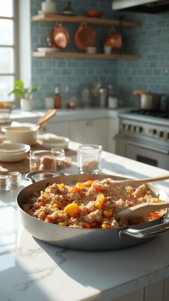 Ground chicken being sautéed with vegetables in a Dutch oven on a modern kitchen countertop