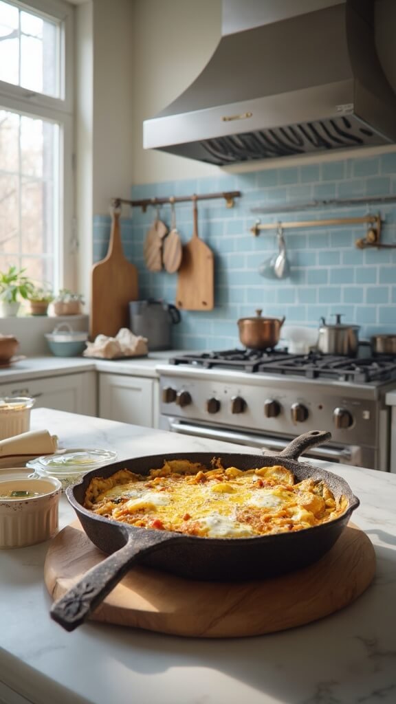Egg pizza mid-bake in a modern kitchen with warm earthy tones and blue subway tile backsplash
