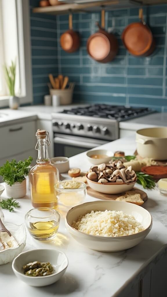 Ingredients for mushroom risotto neatly arranged in a modern kitchen with natural daylight