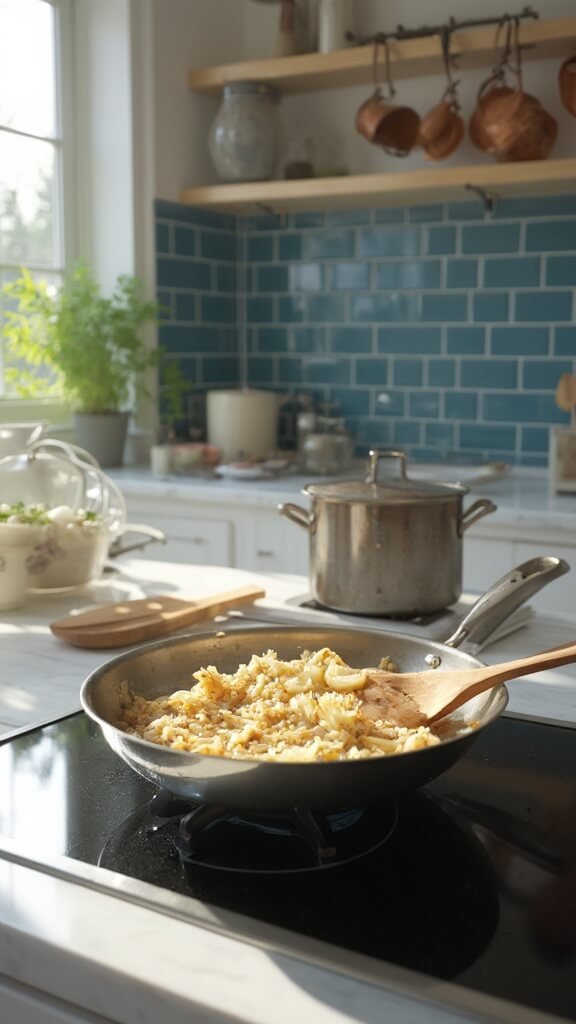 Sautéing onions and garlic in a stainless steel skillet on the modern kitchen stove, with prep bowls and simmering rice pot nearby