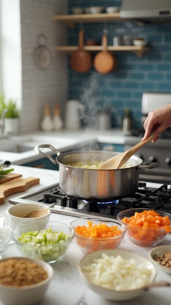 Diced onions sizzling in a large stainless steel pot on a modern kitchen stovetop, with prep bowls of chopped celery and carrots nearby, under warm natural daylight.