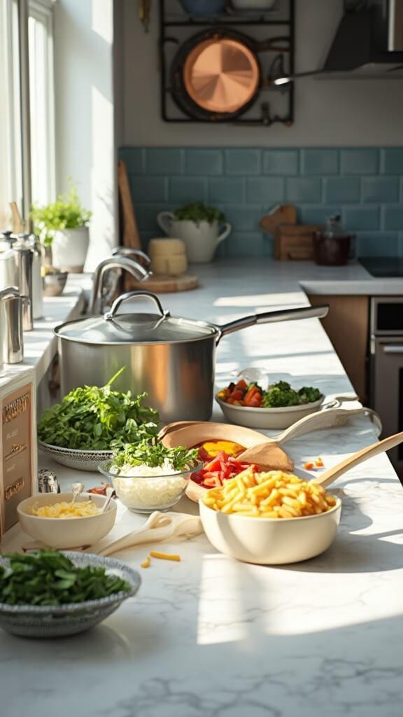 Ingredients for pasta primavera neatly arranged in a modern kitchen with white marble countertop and stainless steel appliances, lit by natural daylight