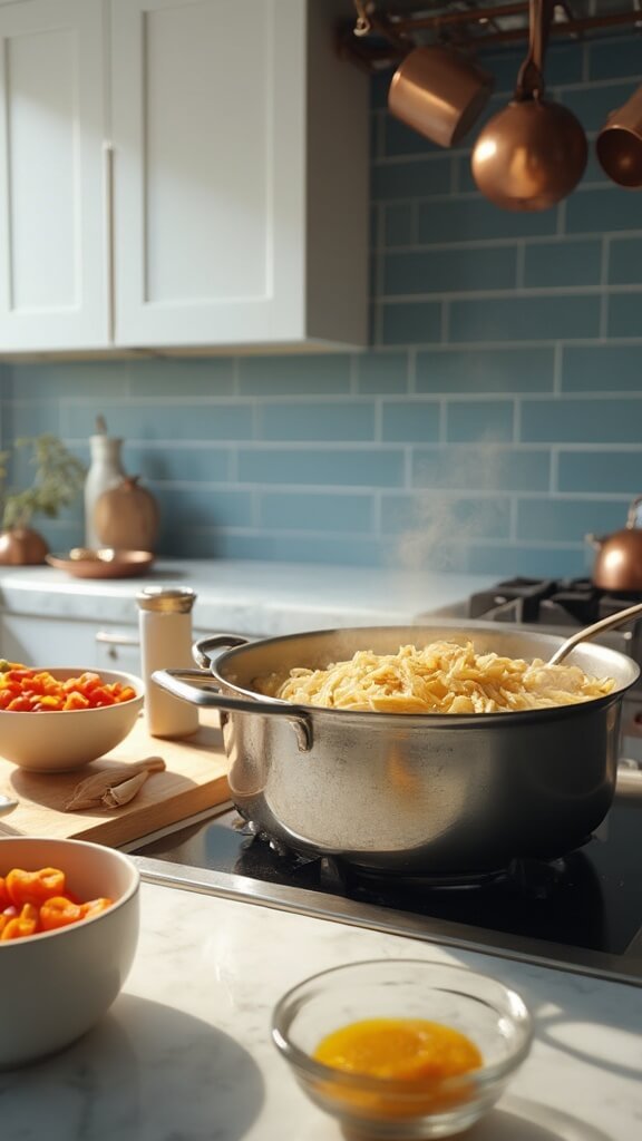Diced onions sautéing in a Dutch oven on a modern kitchen stovetop, with minced garlic and diced vegetables in prep bowls nearby, under soft daylight