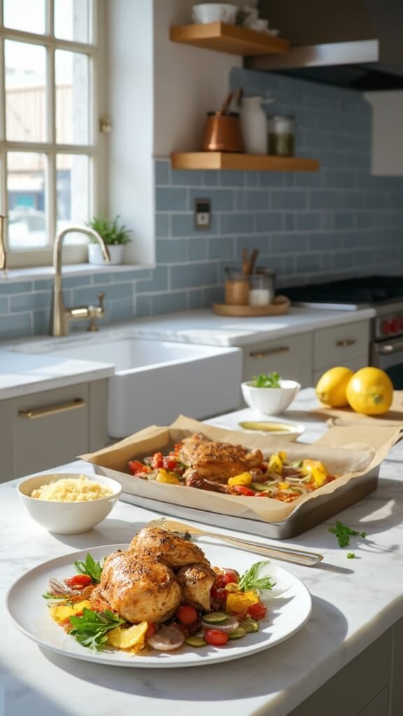 Roasted chicken with crispy skin and caramelized vegetables on a white ceramic plate, garnished with fresh parsley, accompanied by lemon wedges and grated Parmesan, in a bright modern kitchen with blue subway tiles and copper pots.