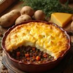 "Freshly baked shepherd's pie with golden cheese crust and rich meat filling on rustic kitchen counter"