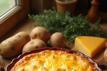 "Freshly baked shepherd's pie with golden cheese crust and rich meat filling on rustic kitchen counter"