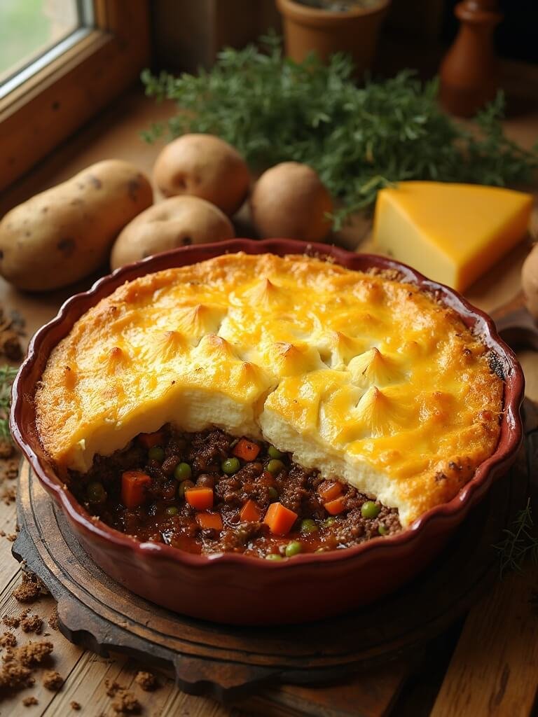"Freshly baked shepherd's pie with golden cheese crust and rich meat filling on rustic kitchen counter"