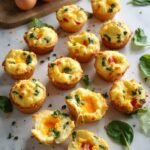 "Baked egg muffins with fresh vegetables and cheese on a clean white marble background"