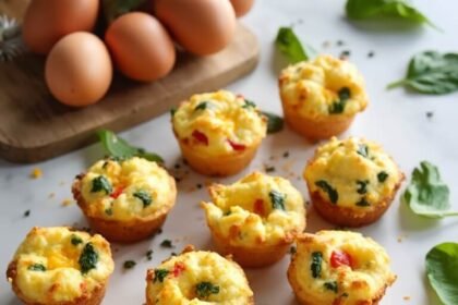 "Baked egg muffins with fresh vegetables and cheese on a clean white marble background"