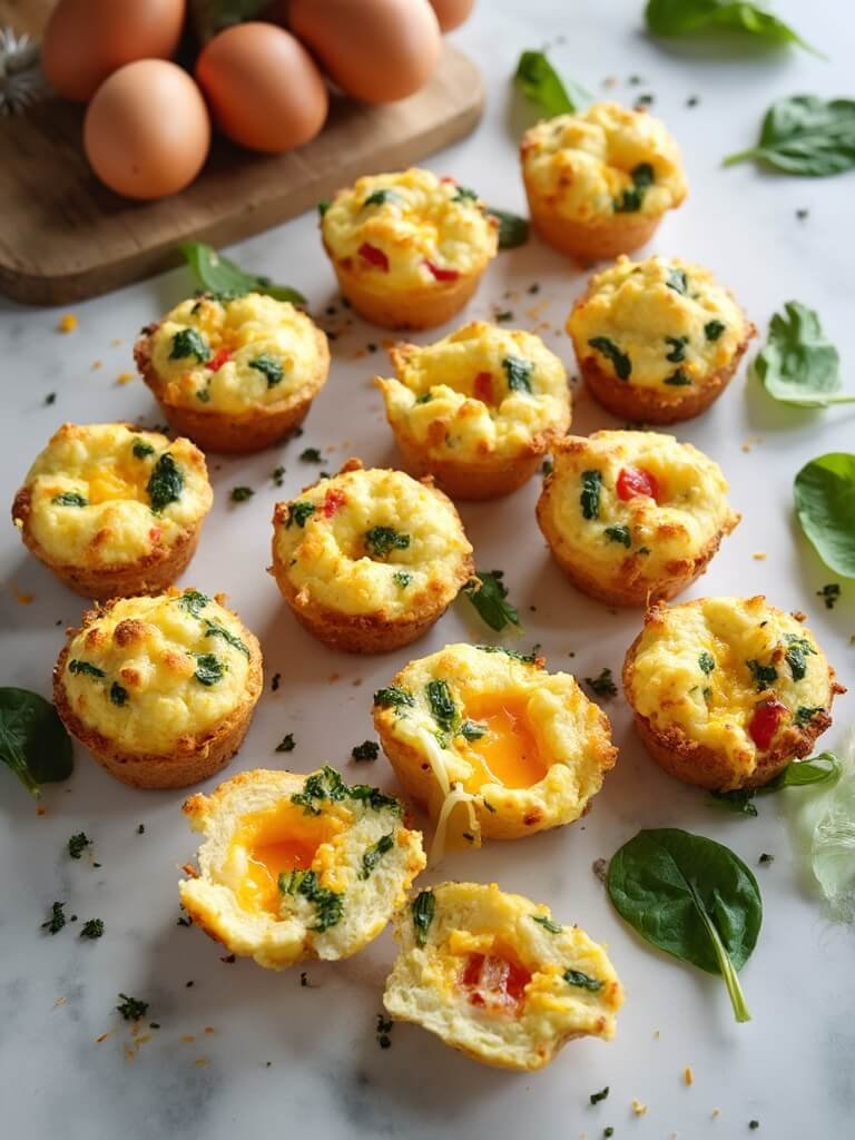 "Baked egg muffins with fresh vegetables and cheese on a clean white marble background"