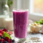 "Weight loss smoothie with mixed berries, spinach, banana, and chia seeds, arranged on a white countertop with morning light highlighting the smoothie glass"