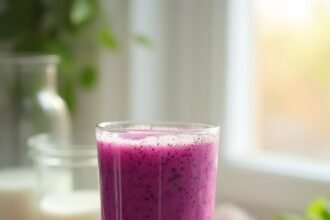 "Weight loss smoothie with mixed berries, spinach, banana, and chia seeds, arranged on a white countertop with morning light highlighting the smoothie glass"