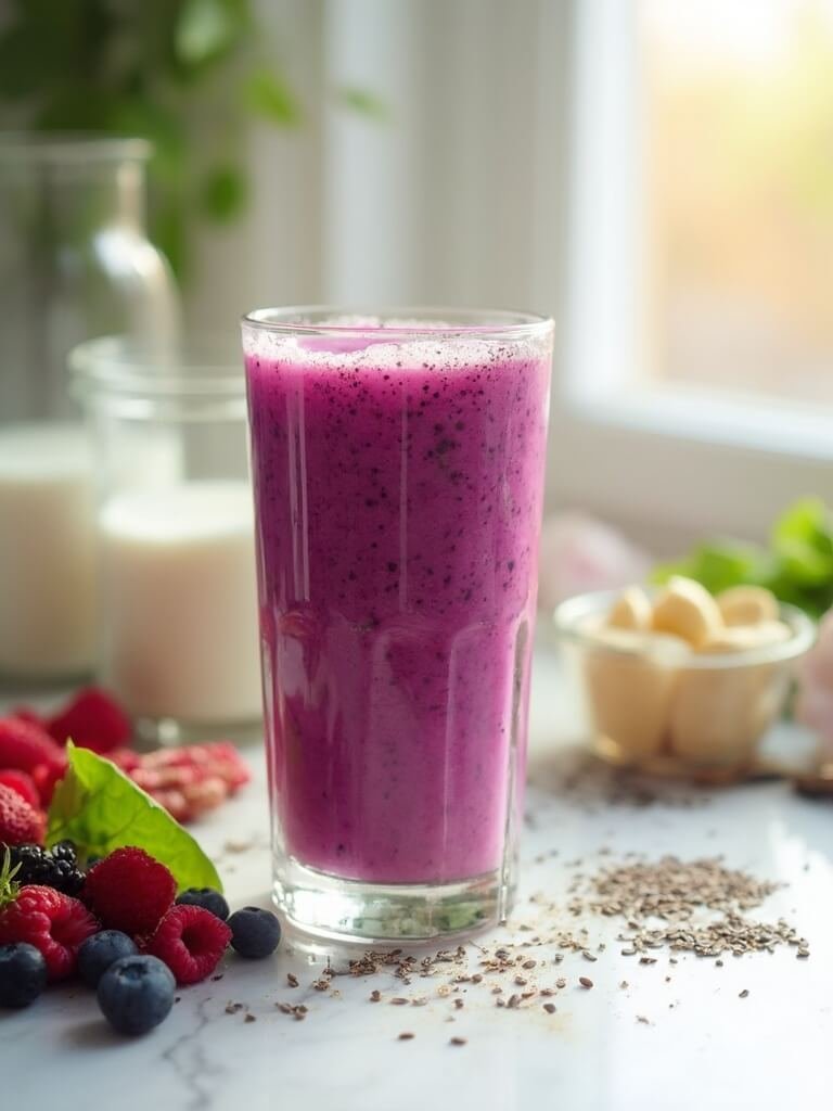 "Weight loss smoothie with mixed berries, spinach, banana, and chia seeds, arranged on a white countertop with morning light highlighting the smoothie glass"