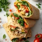 "Four chicken and vegetable wraps on a white marble countertop, cut diagonally to reveal vibrant layers of chicken, roasted vegetables, feta cheese, and hummus, surrounded by scattered ingredients in soft natural lighting."