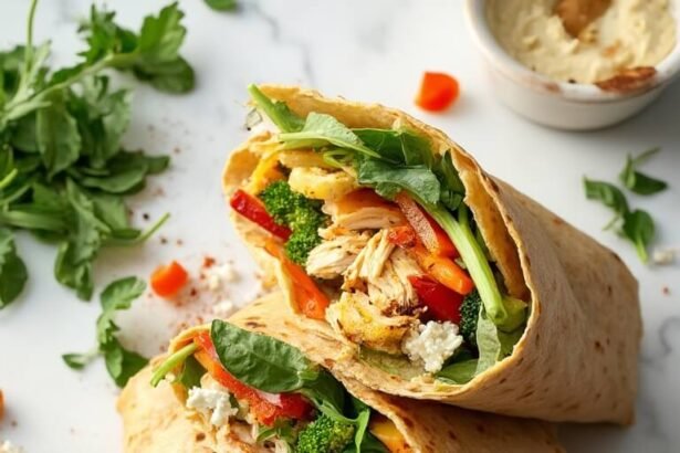 "Four chicken and vegetable wraps on a white marble countertop, cut diagonally to reveal vibrant layers of chicken, roasted vegetables, feta cheese, and hummus, surrounded by scattered ingredients in soft natural lighting."
