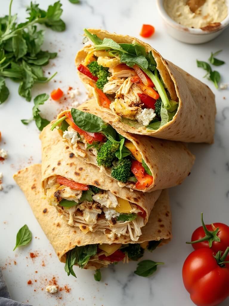 "Four chicken and vegetable wraps on a white marble countertop, cut diagonally to reveal vibrant layers of chicken, roasted vegetables, feta cheese, and hummus, surrounded by scattered ingredients in soft natural lighting."