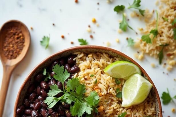 "Overhead shot of a budget-friendly high-fiber weight loss bowl with brown rice, black beans, corn, and red bell peppers, garnished with cilantro, served on a white marble surface."