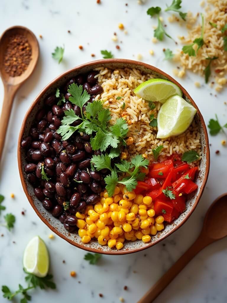 "Overhead shot of a budget-friendly high-fiber weight loss bowl with brown rice, black beans, corn, and red bell peppers, garnished with cilantro, served on a white marble surface."