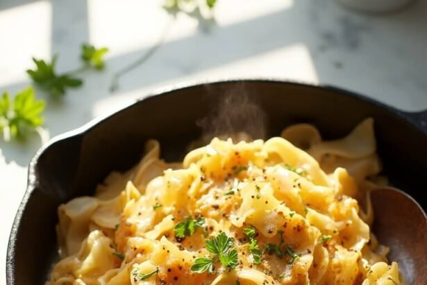 "Overhead shot of rustic cabbage and egg noodles with caramelized onions in a cast iron skillet on a clean white marble countertop"