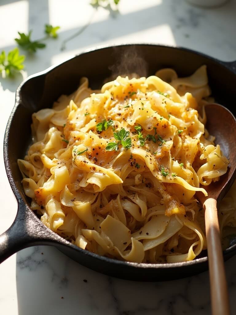 "Overhead shot of rustic cabbage and egg noodles with caramelized onions in a cast iron skillet on a clean white marble countertop"