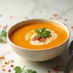 "Carrot and lentil soup garnished with cilantro and coconut cream in a cream ceramic bowl, artfully arranged with a silver spoon on a marble background."