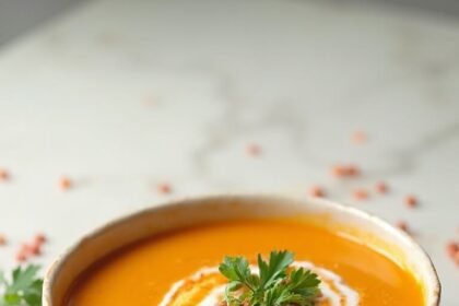"Carrot and lentil soup garnished with cilantro and coconut cream in a cream ceramic bowl, artfully arranged with a silver spoon on a marble background."