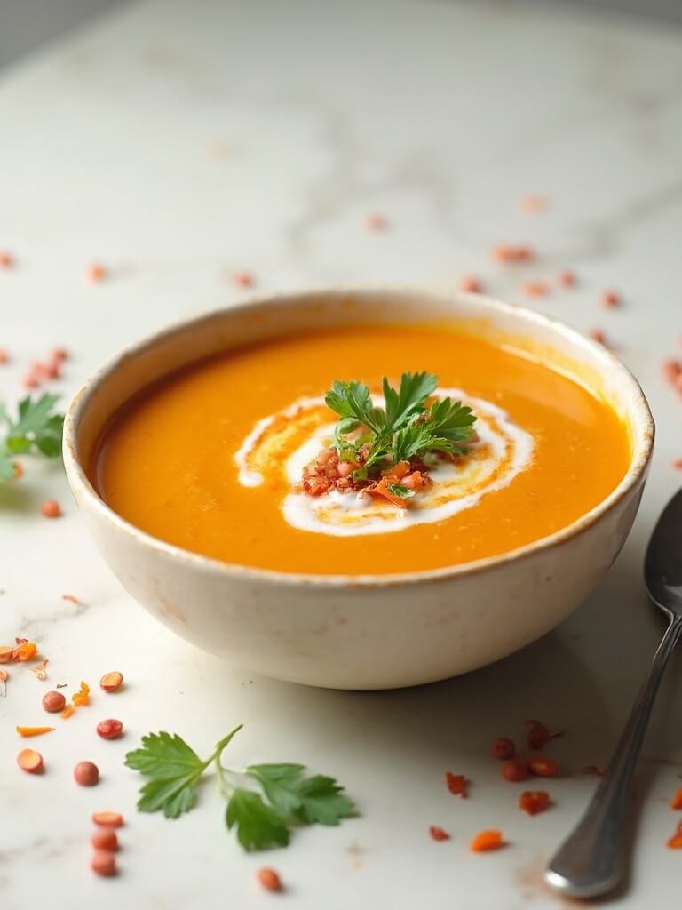 "Carrot and lentil soup garnished with cilantro and coconut cream in a cream ceramic bowl, artfully arranged with a silver spoon on a marble background."