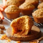"Freshly baked carrot muffins with grated carrots, cinnamon, and walnuts on a rustic cooling rack, with ingredients scattered on a clean white marble surface"