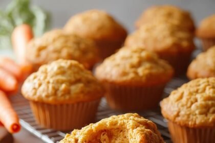 "Freshly baked carrot muffins with grated carrots, cinnamon, and walnuts on a rustic cooling rack, with ingredients scattered on a clean white marble surface"