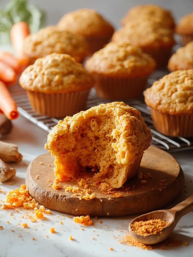 "Freshly baked carrot muffins with grated carrots, cinnamon, and walnuts on a rustic cooling rack, with ingredients scattered on a clean white marble surface"