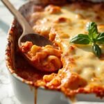 "Freshly baked cheesy pasta bake with melted golden mozzarella and Parmesan cheese on a clean marble countertop"