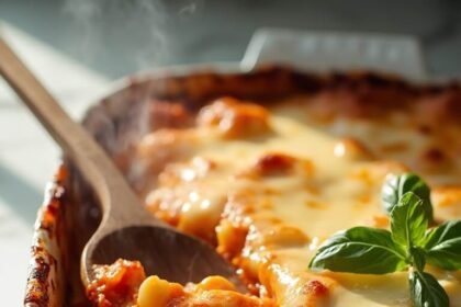 "Freshly baked cheesy pasta bake with melted golden mozzarella and Parmesan cheese on a clean marble countertop"