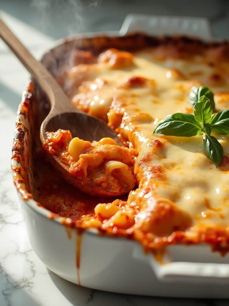 "Freshly baked cheesy pasta bake with melted golden mozzarella and Parmesan cheese on a clean marble countertop"