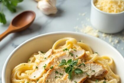 "Overhead shot of chicken alfredo pasta with Parmesan cream sauce in a white bowl on a marble countertop, with garnishes and extra cheese in the background."