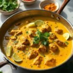 "Creamy chicken curry in a skillet with coconut milk, turmeric sauce, cilantro garnish, lime wedges, and a wooden spoon, under warm lighting."