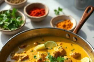 "Creamy chicken curry in a skillet with coconut milk, turmeric sauce, cilantro garnish, lime wedges, and a wooden spoon, under warm lighting."