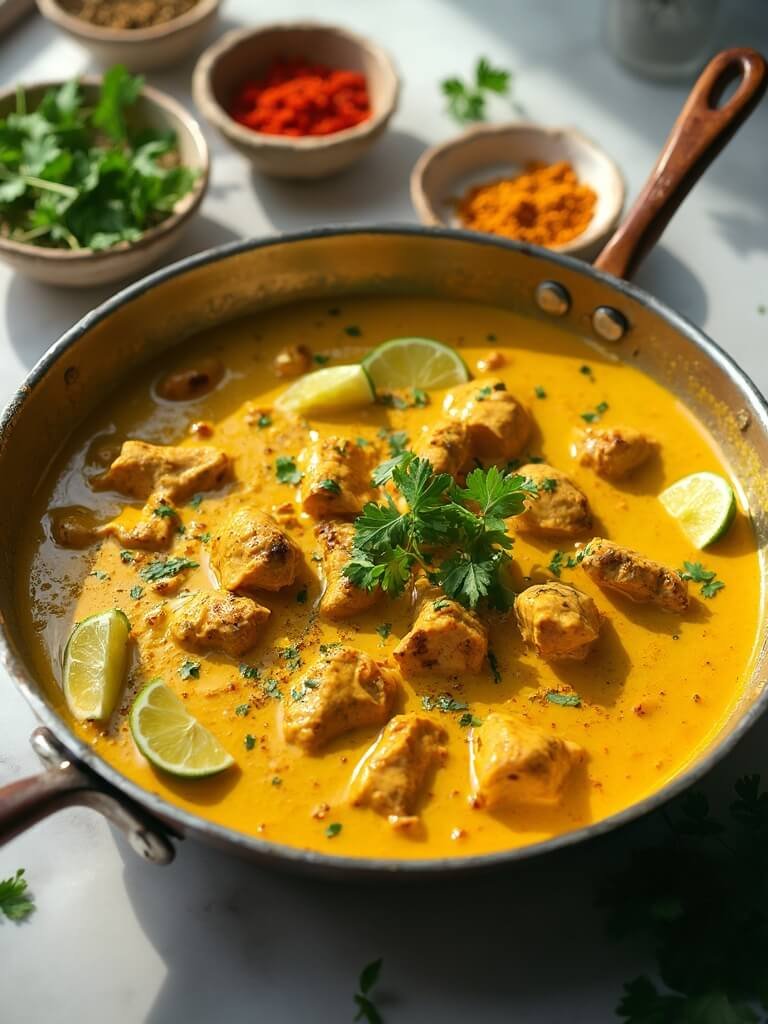 "Creamy chicken curry in a skillet with coconut milk, turmeric sauce, cilantro garnish, lime wedges, and a wooden spoon, under warm lighting."
