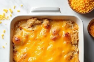 "Overhead shot of golden, bubbly chicken and rice casserole in a white ceramic dish on a marble background"