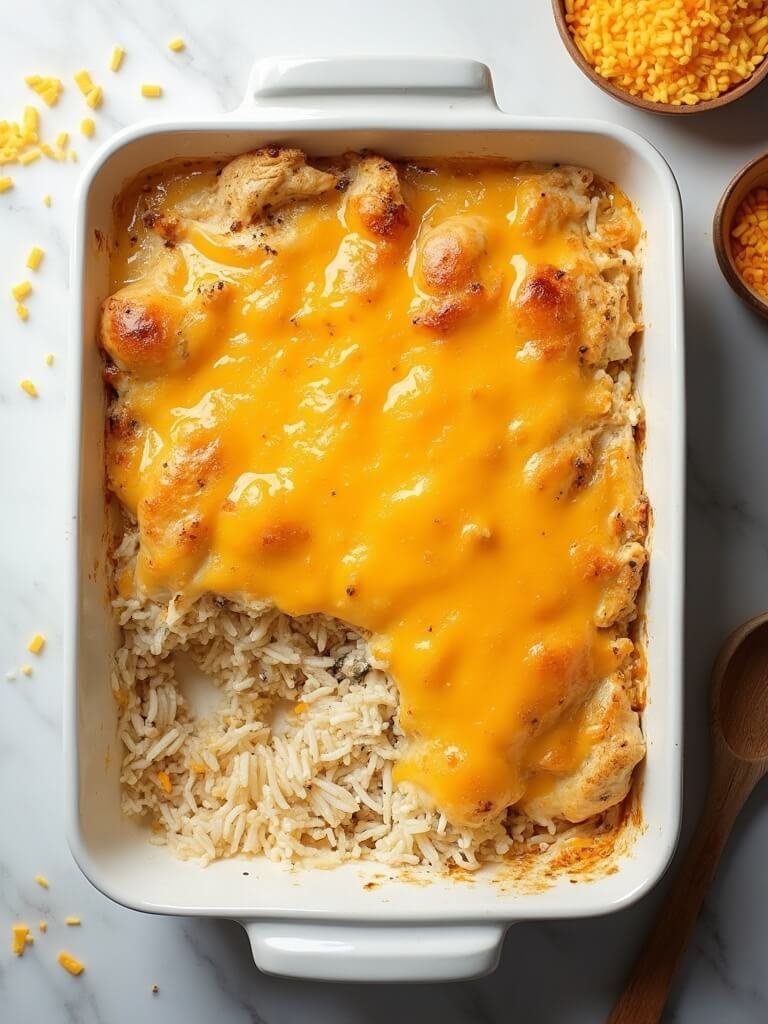"Overhead shot of golden, bubbly chicken and rice casserole in a white ceramic dish on a marble background"