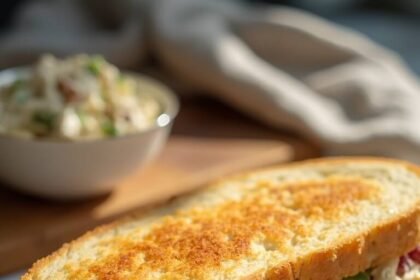 "Toasted chicken salad sandwich with grapes, celery, pecans on a clean white marble background"
